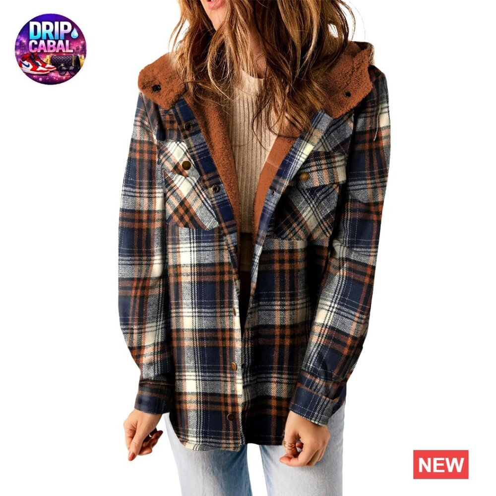 Plaid Fleece Hooded Shacket Oversized Boyfriend Style Long Sleeve Button Down